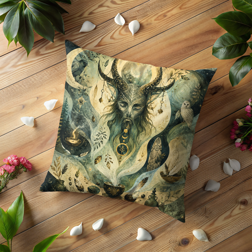 Horned God Moon Pillow Cover | Pagan Spiritual Art | Gold Crackle Decor