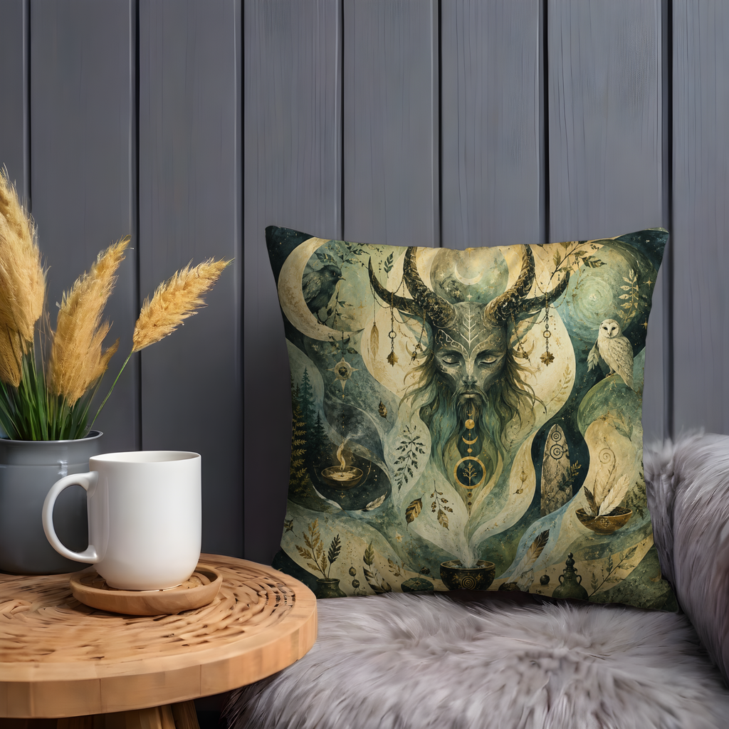 Horned God Moon Pillow Cover | Pagan Spiritual Art | Gold Crackle Decor