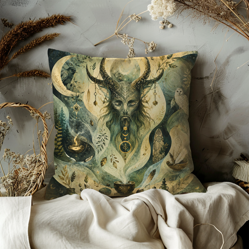 Horned God Moon Pillow Cover | Pagan Spiritual Art | Gold Crackle Decor