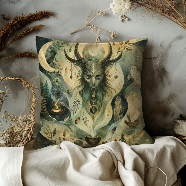 Horned God Moon Pillow Cover – Pagan Spiritual Art | Gold Crackle Decor