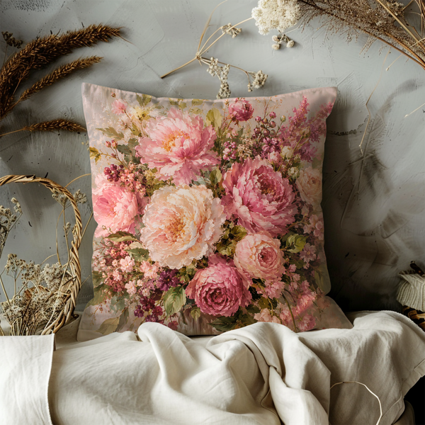 Pink Peony Bouquet Pillow Cover – Romantic Floral Art | Gold Crackle Decor