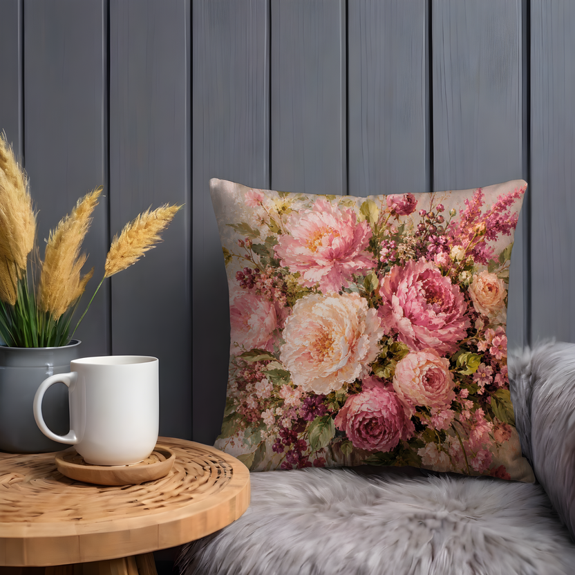 Pink Peony Bouquet Pillow Cover – Romantic Floral Art | Gold Crackle Decor