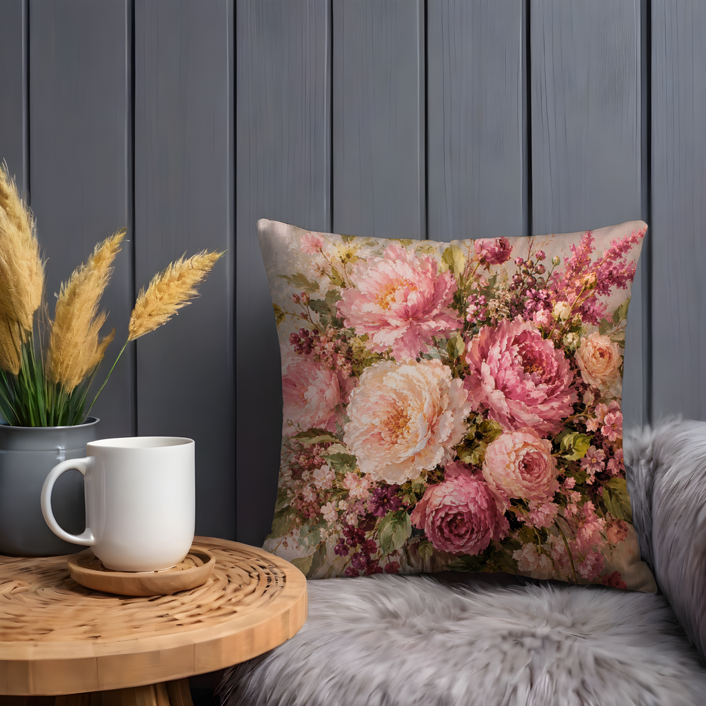 Pink Peony Bouquet Pillow Cover | Romantic Floral Art | Gold Crackle Decor