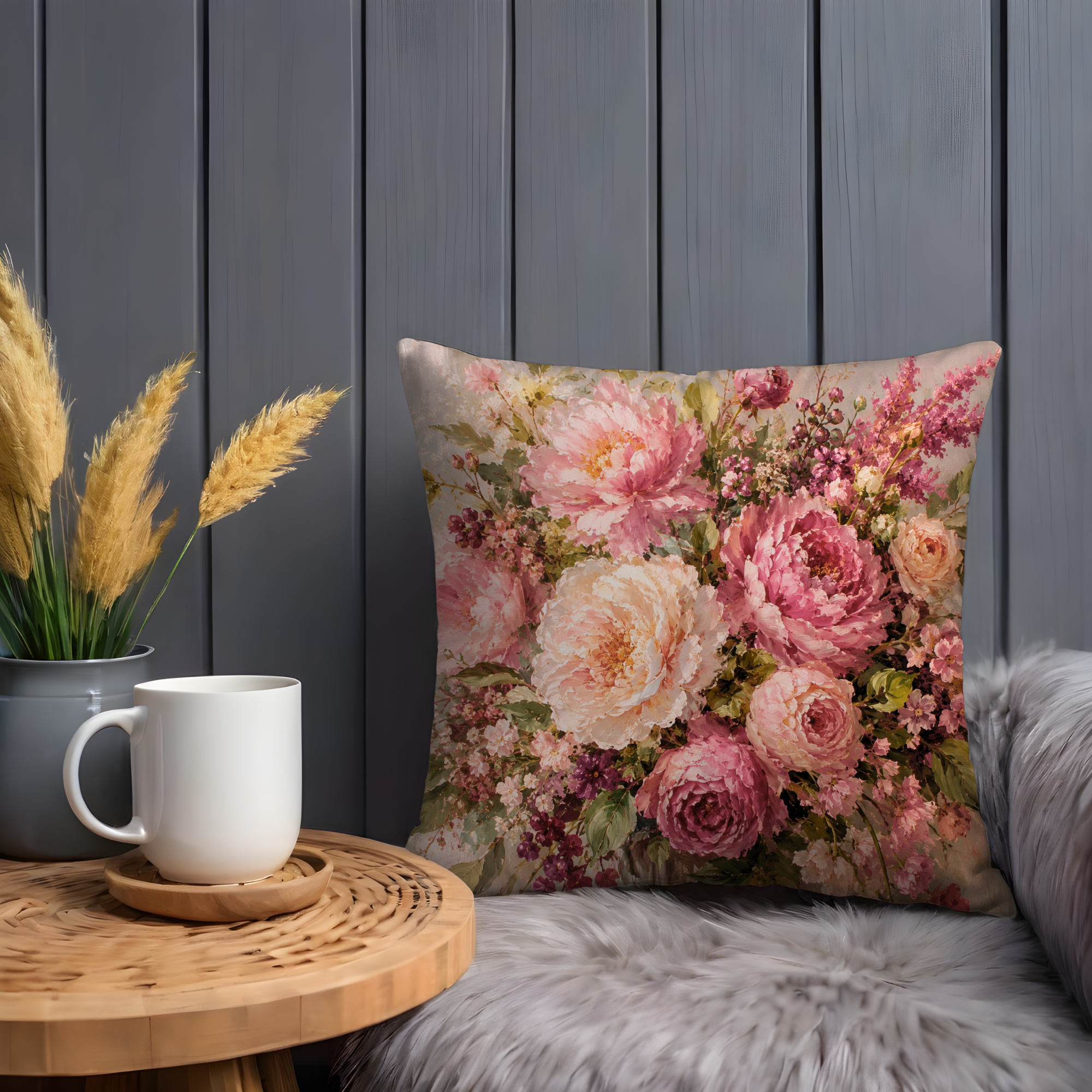 Pink Peony Bouquet Pillow Cover | Romantic Floral Art | Gold Crackle Decor