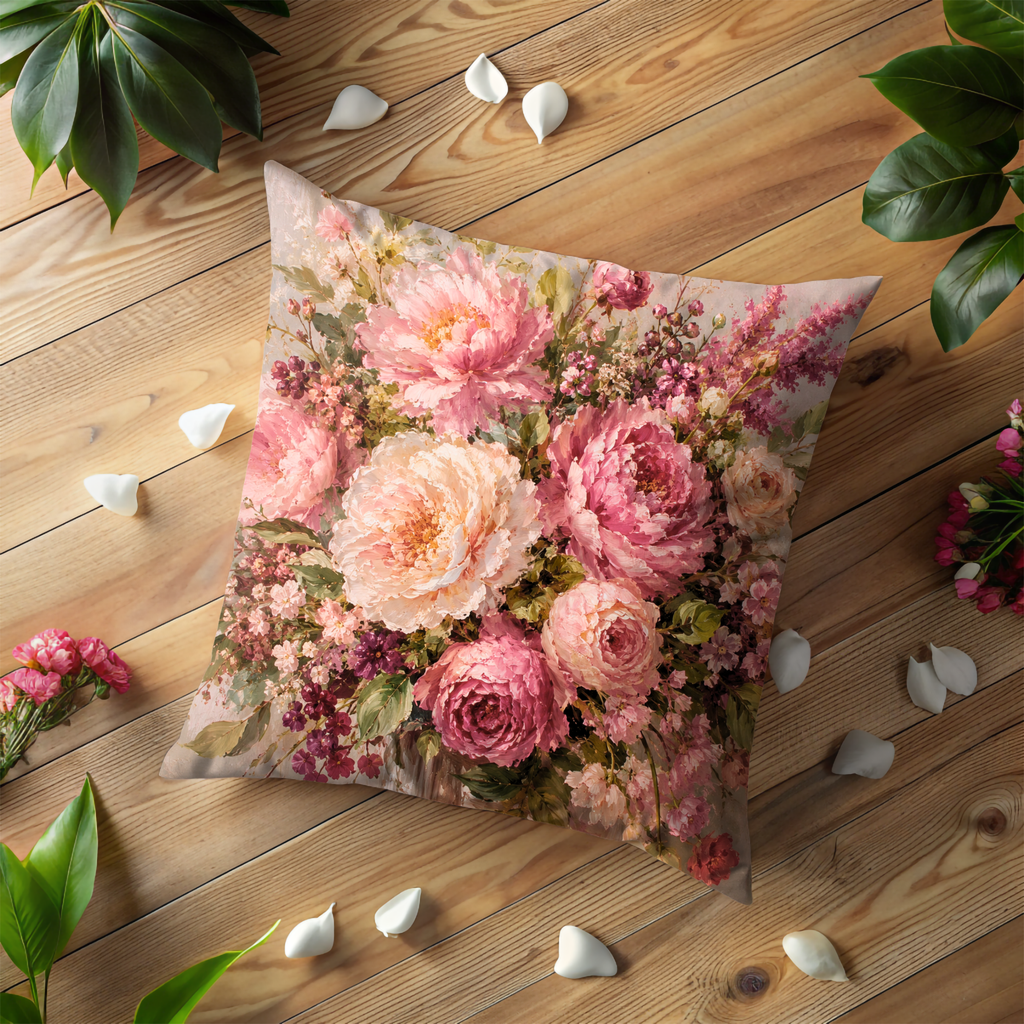 Pink Peony Bouquet Pillow Cover | Romantic Floral Art | Gold Crackle Decor