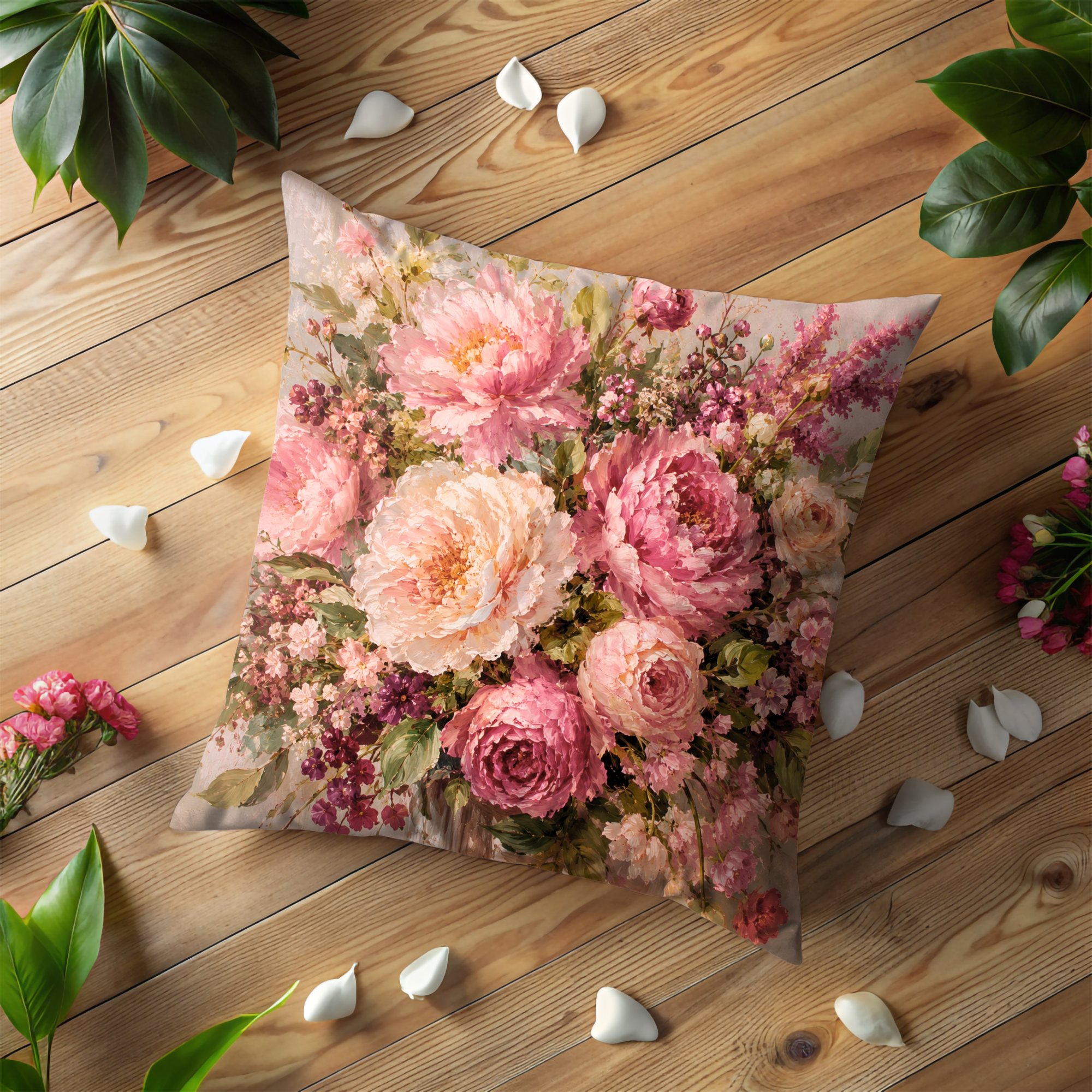 Pink Peony Bouquet Pillow Cover | Romantic Floral Art | Gold Crackle Decor