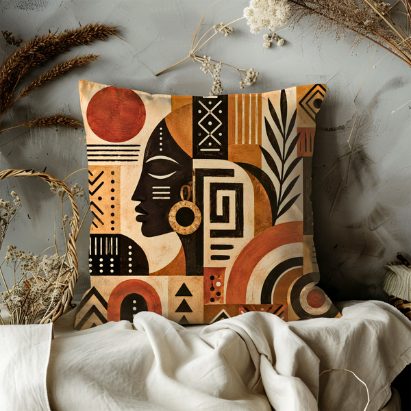 African Profile Woman Pillow Cover – Geometric Tribal Art | Gold Crackle Decor