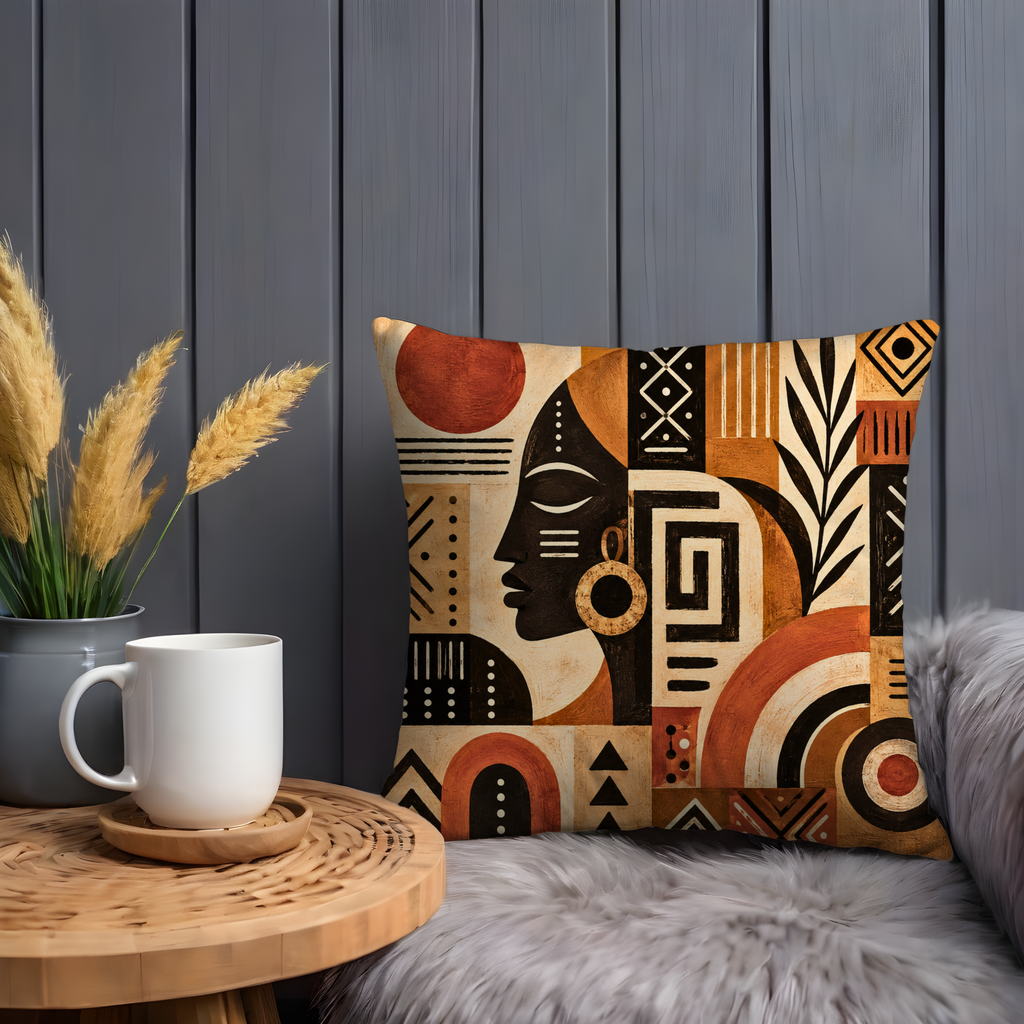 African Profile Woman Pillow Cover | Geometric Tribal Art | Gold Crackle Decor