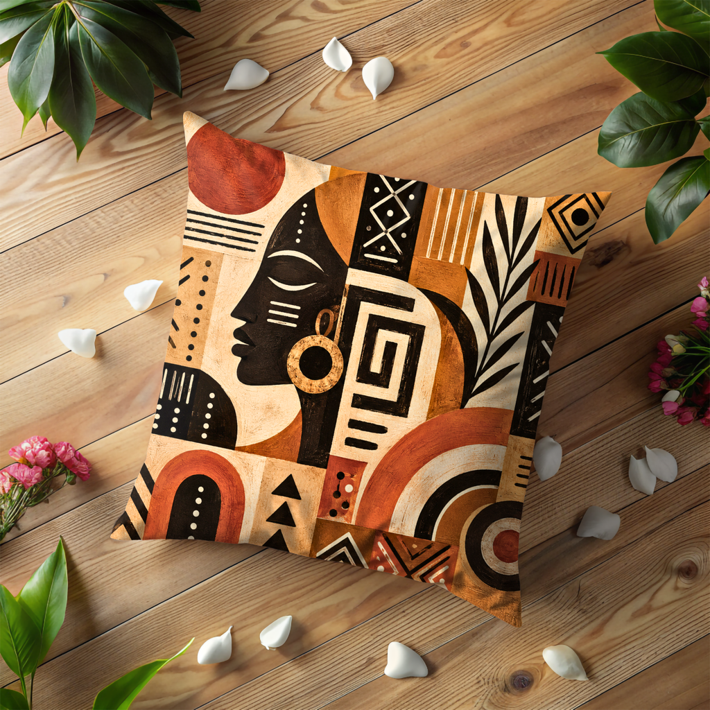 African Profile Woman Pillow Cover | Geometric Tribal Art | Gold Crackle Decor