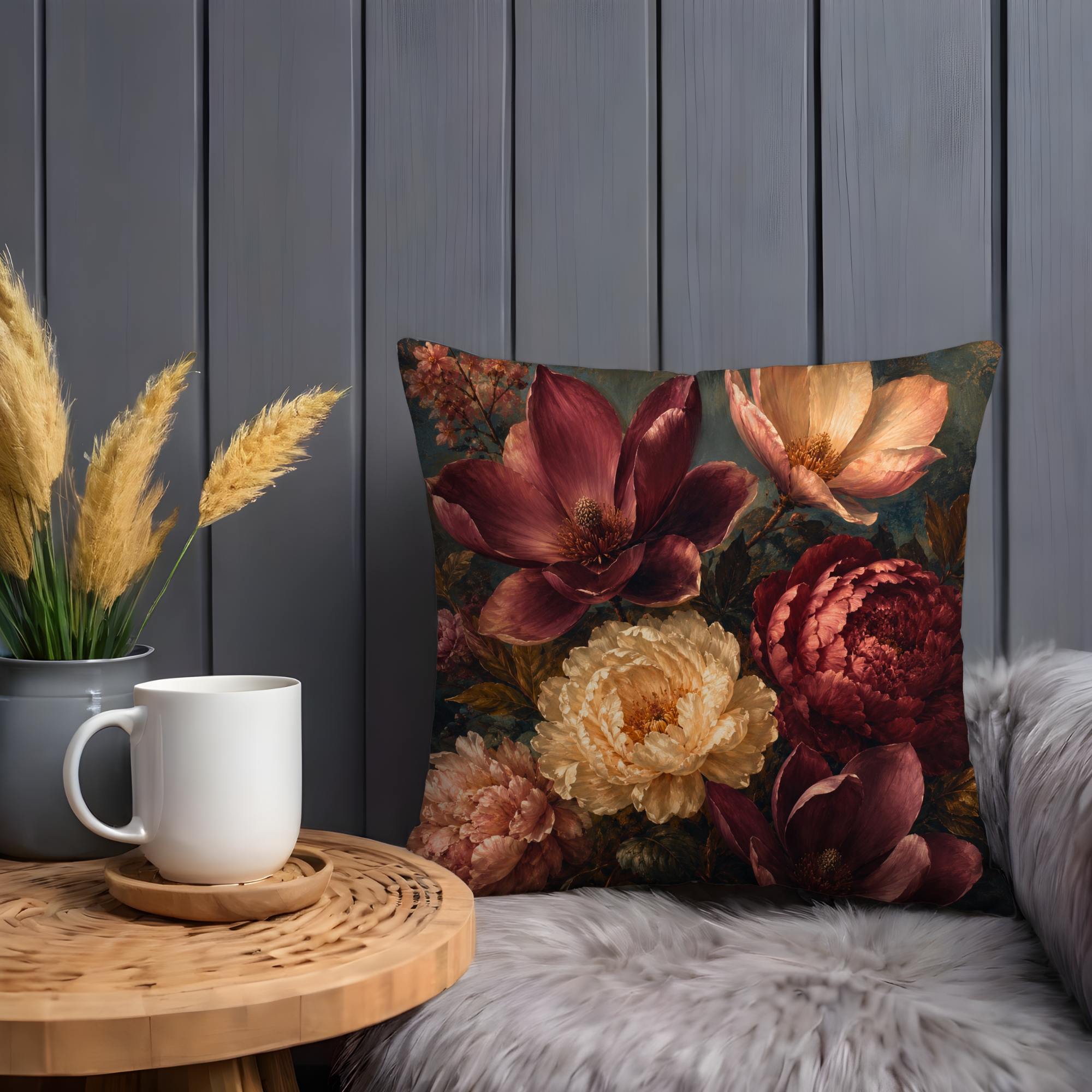 Burgundy Magnolia Pillow Cover | Dramatic Floral Art | Gold Crackle Decor
