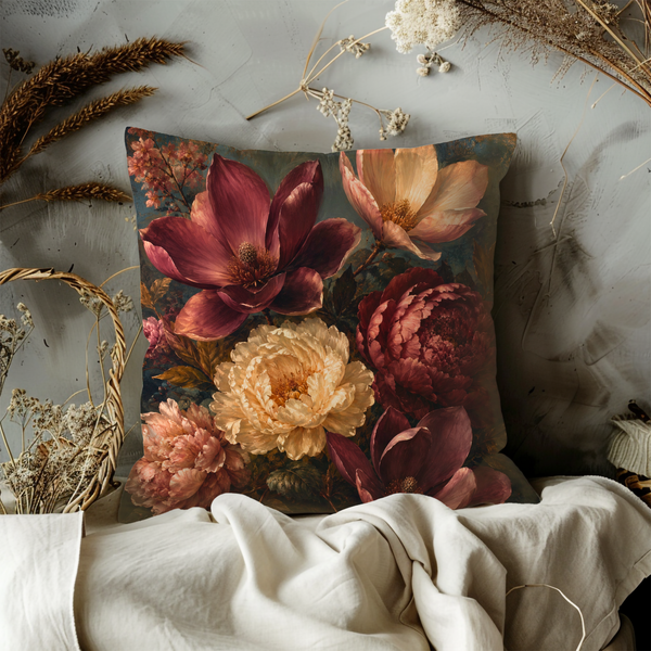 Burgundy Magnolia Pillow Cover – Dramatic Floral Art | Gold Crackle Decor