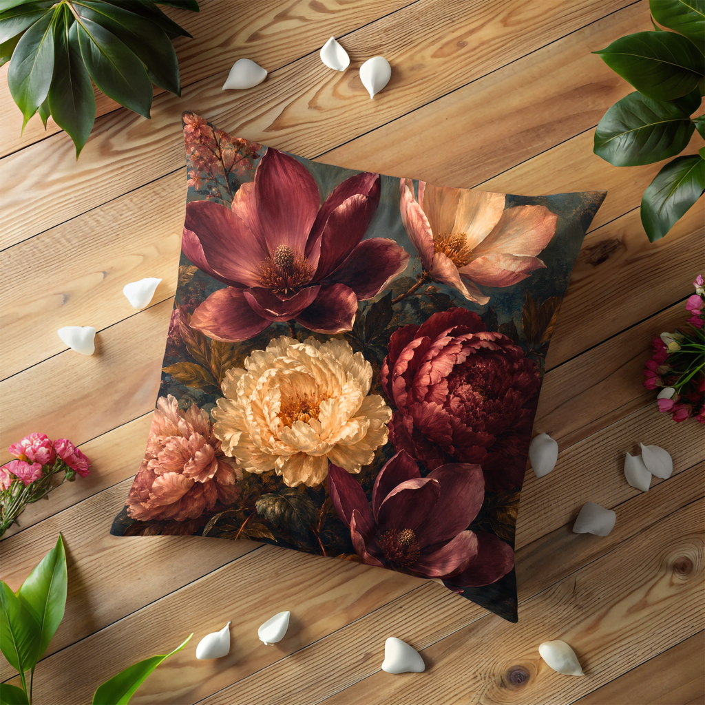 Burgundy Magnolia Pillow Cover | Dramatic Floral Art | Gold Crackle Decor