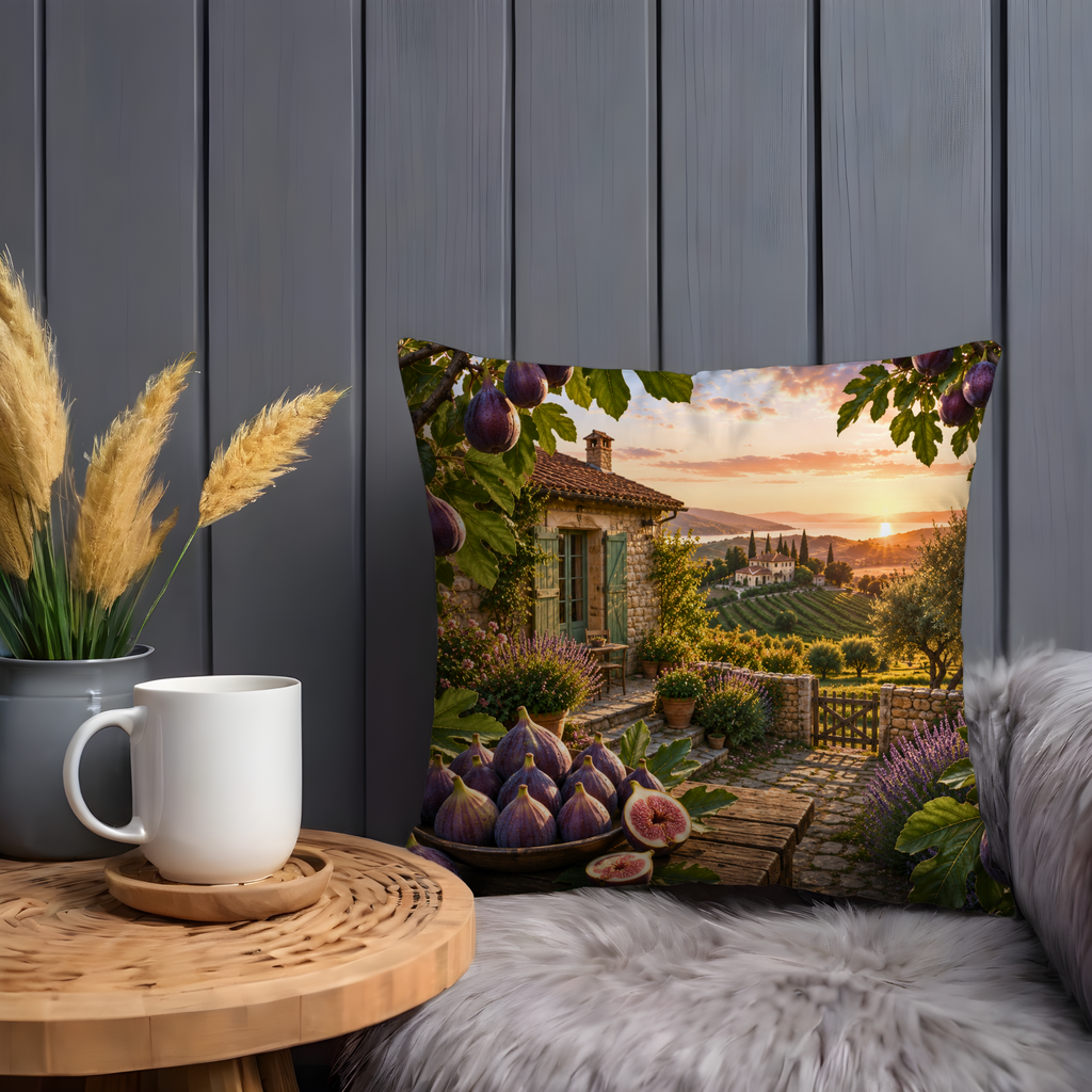 Provençal Fig Sunset Pillow Cover | Mediterranean Landscape Art | Gold Crackle Decor