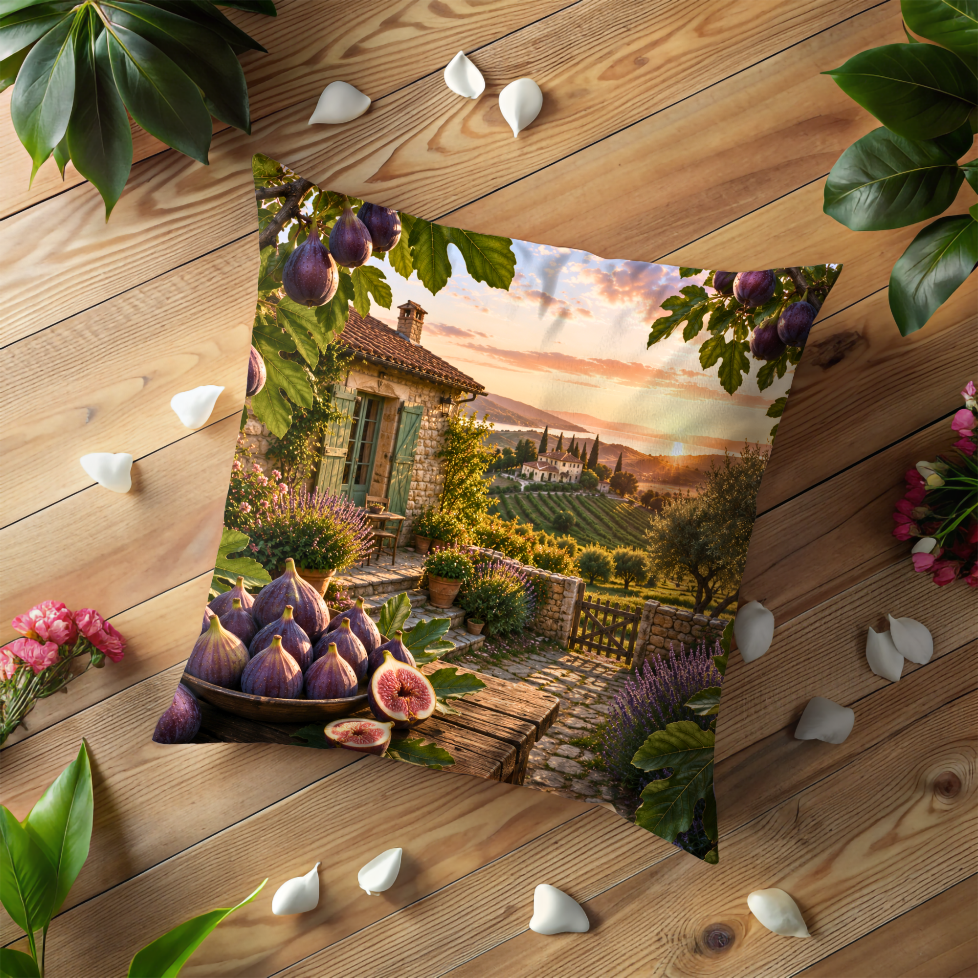 Provençal Fig Sunset Pillow Cover | Mediterranean Landscape Art | Gold Crackle Decor