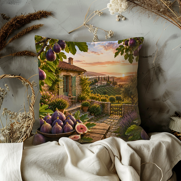 Provençal Fig Sunset Pillow Cover – Mediterranean Landscape Art | Gold Crackle Decor