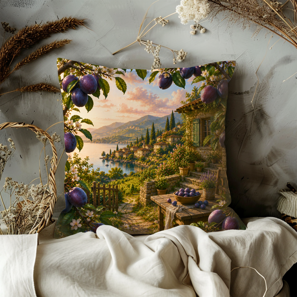 Plum Terrace Sunset Pillow Cover – Mediterranean Landscape Art | Gold Crackle Decor