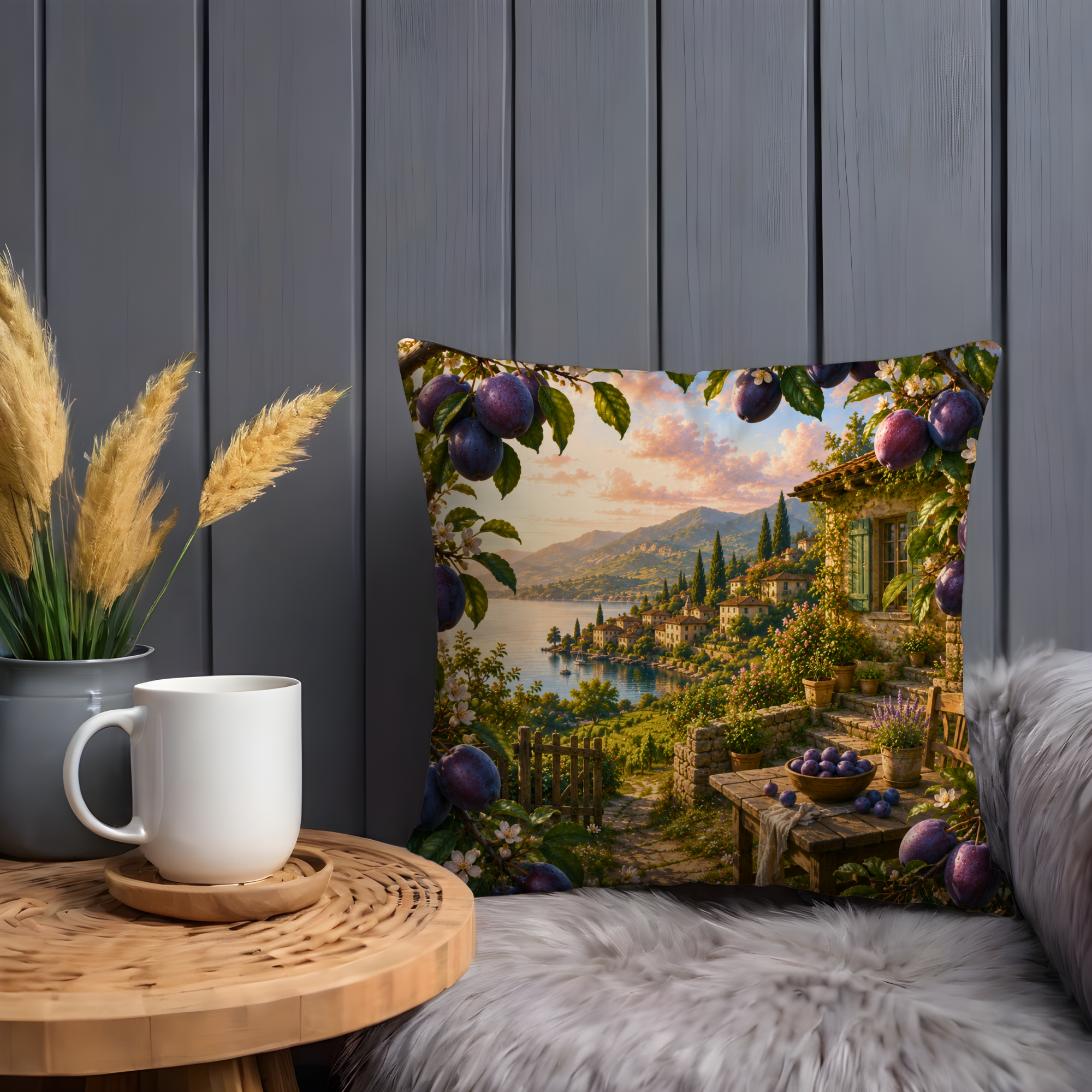 Plum Terrace Sunset Pillow Cover | Mediterranean Landscape Art | Gold Crackle Decor