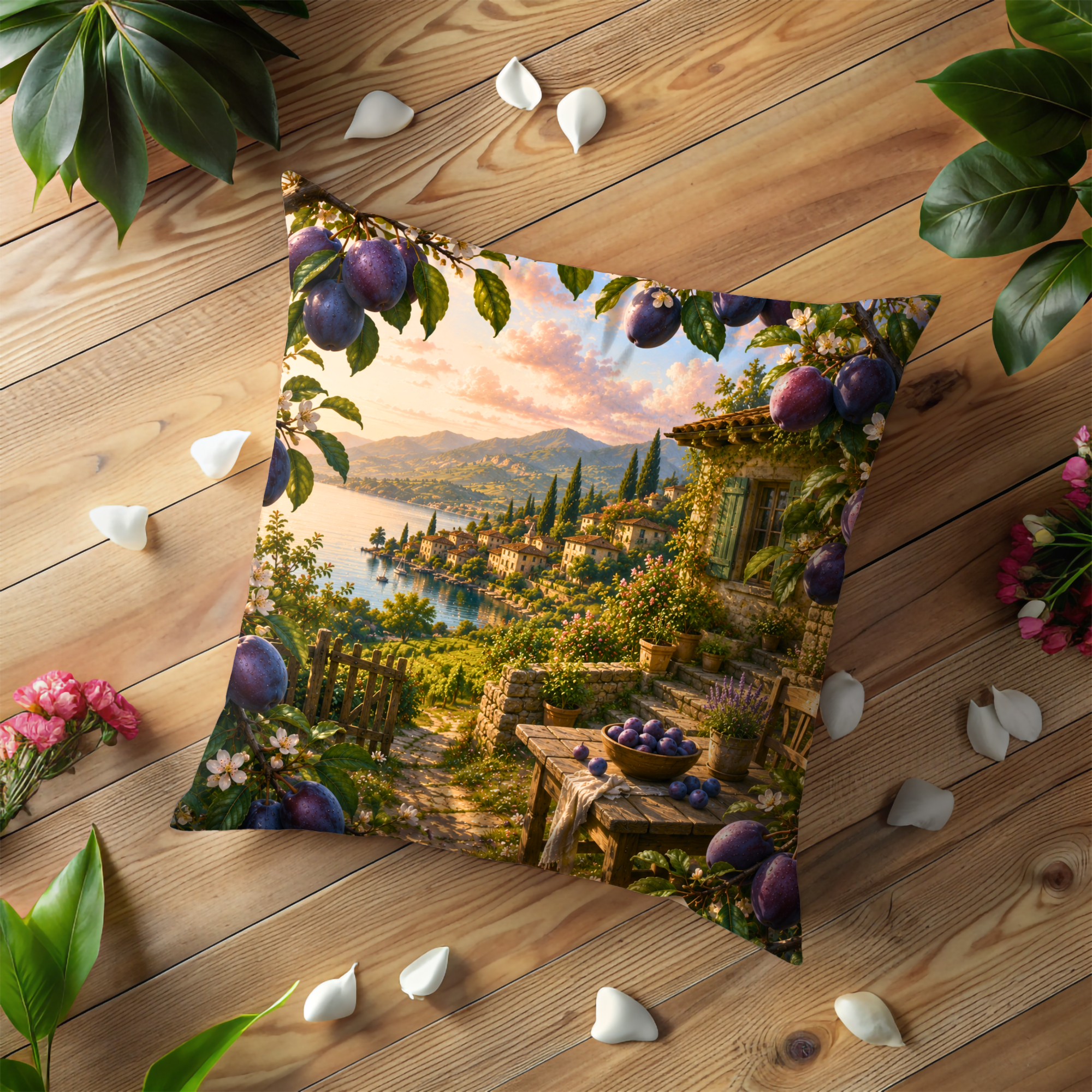 Plum Terrace Sunset Pillow Cover | Mediterranean Landscape Art | Gold Crackle Decor