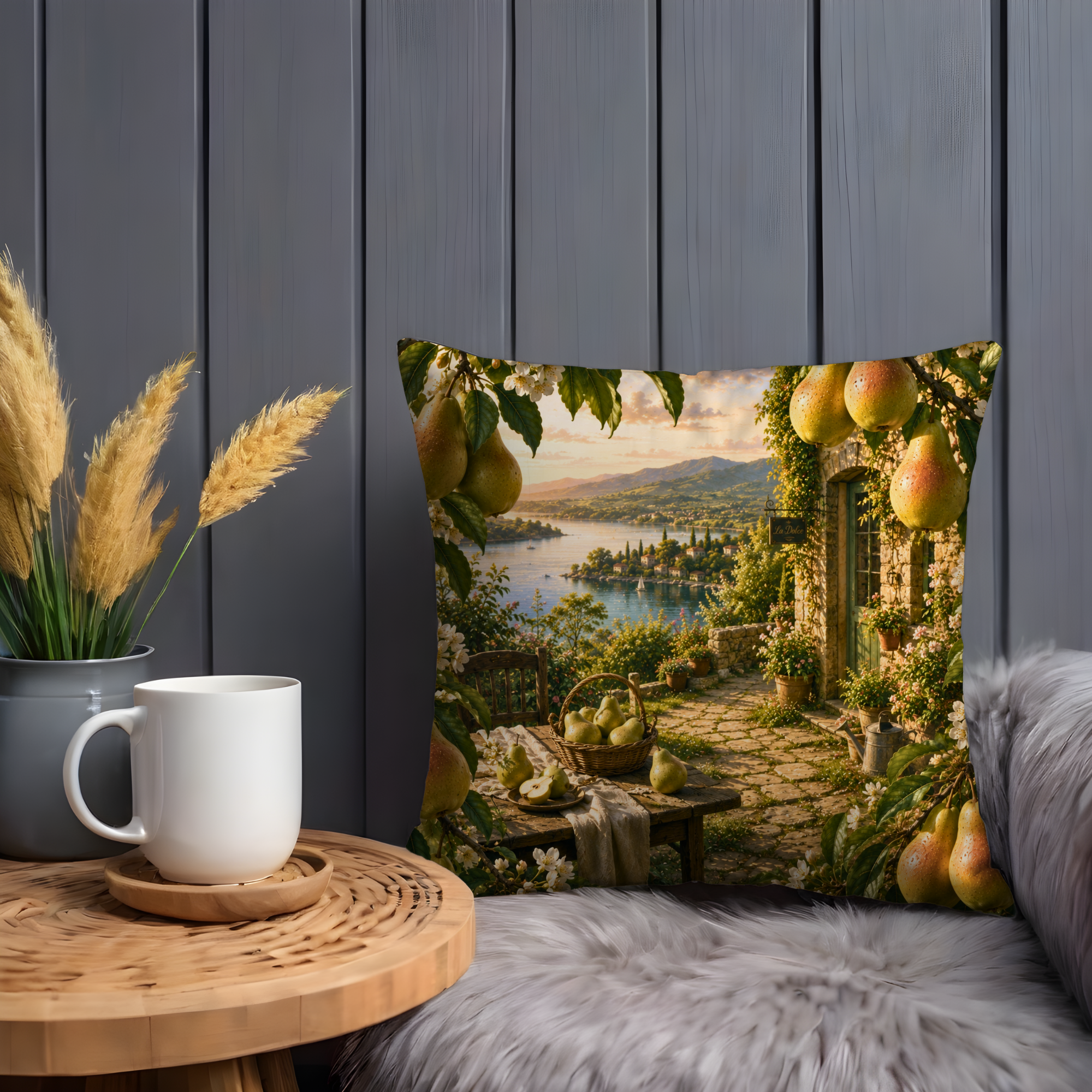Golden Pear Terrace Pillow Cover | Mediterranean Landscape Art | Gold Crackle Decor