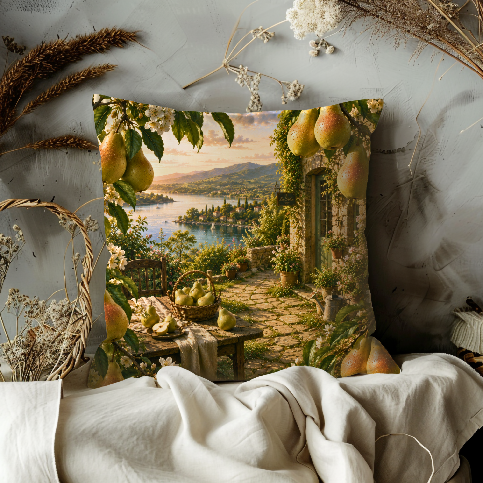 Golden Pear Terrace Pillow Cover | Mediterranean Landscape Art | Gold Crackle Decor