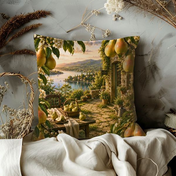 Golden Pear Terrace Pillow Cover – Mediterranean Landscape Art | Gold Crackle Decor