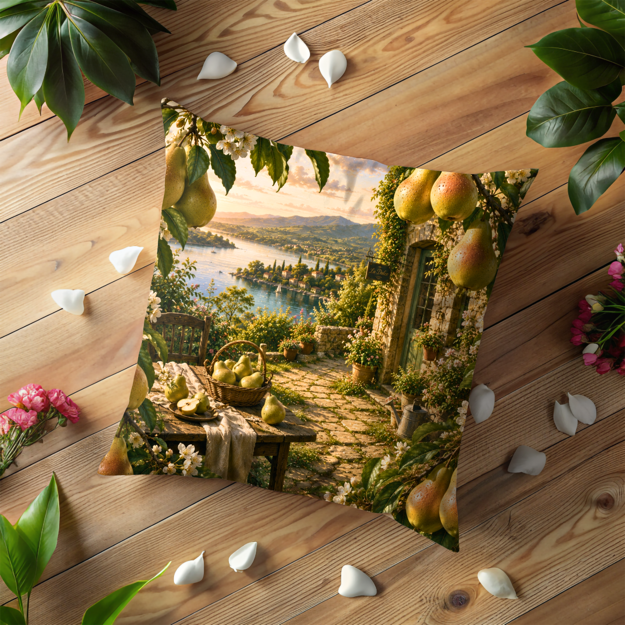 Golden Pear Terrace Pillow Cover | Mediterranean Landscape Art | Gold Crackle Decor