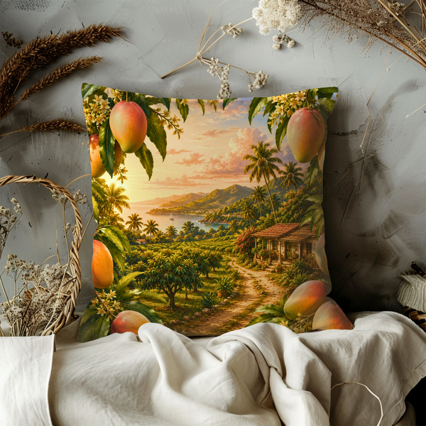 Tropical Mango Sunset Pillow Cover – Exotic Landscape Art | Gold Crackle Decor