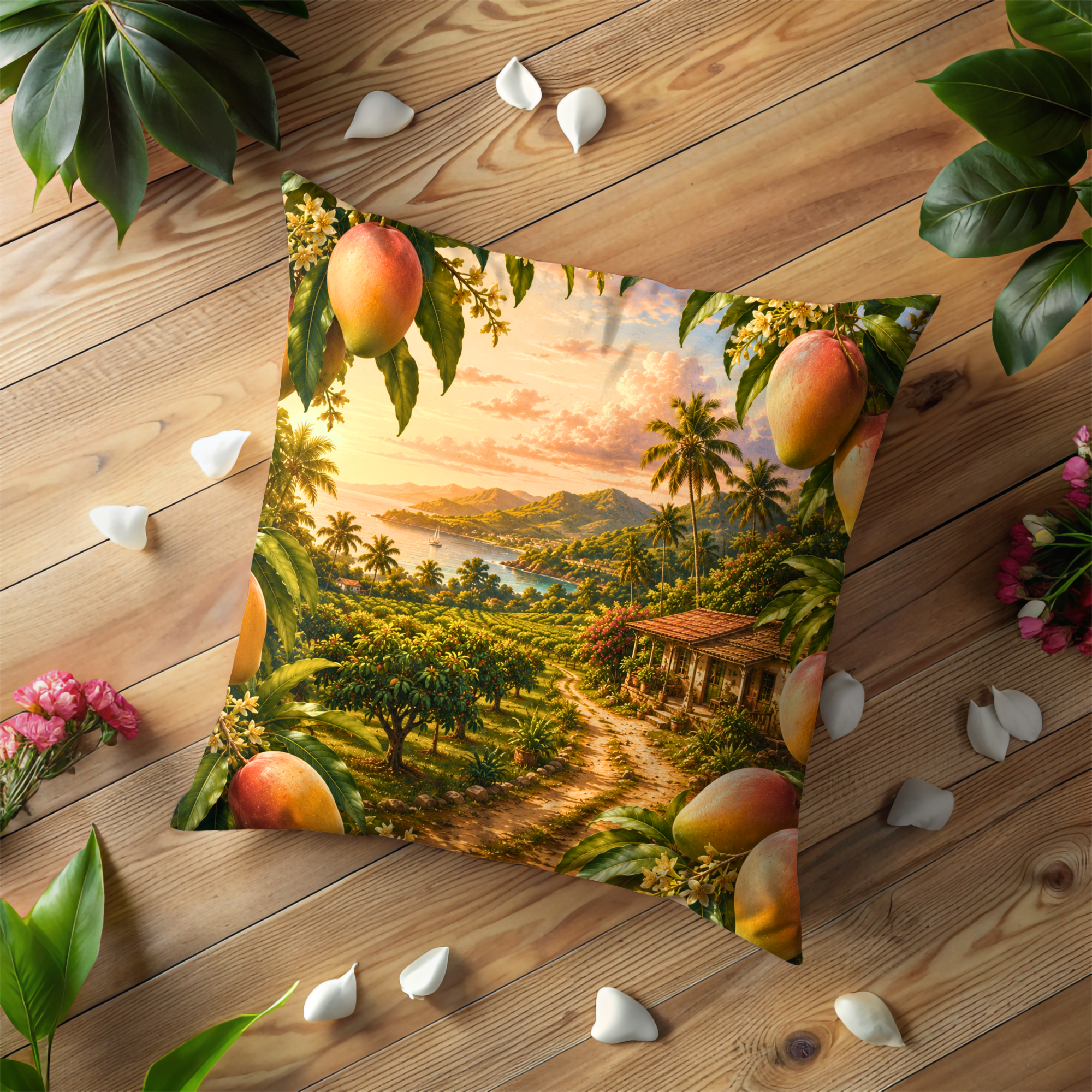 Tropical Mango Sunset Pillow Cover | Exotic Landscape Art | Gold Crackle Decor