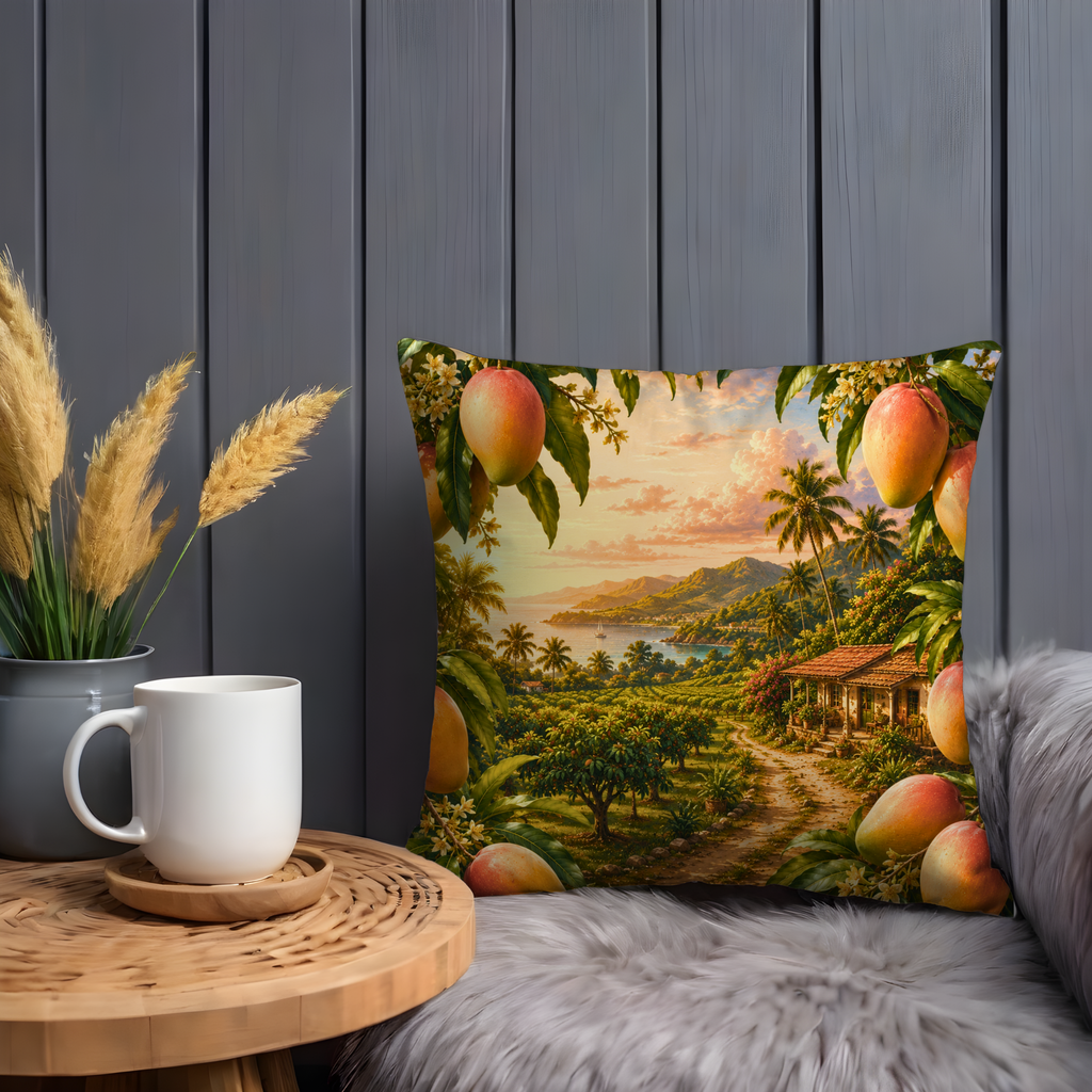 Tropical Mango Sunset Pillow Cover | Exotic Landscape Art | Gold Crackle Decor