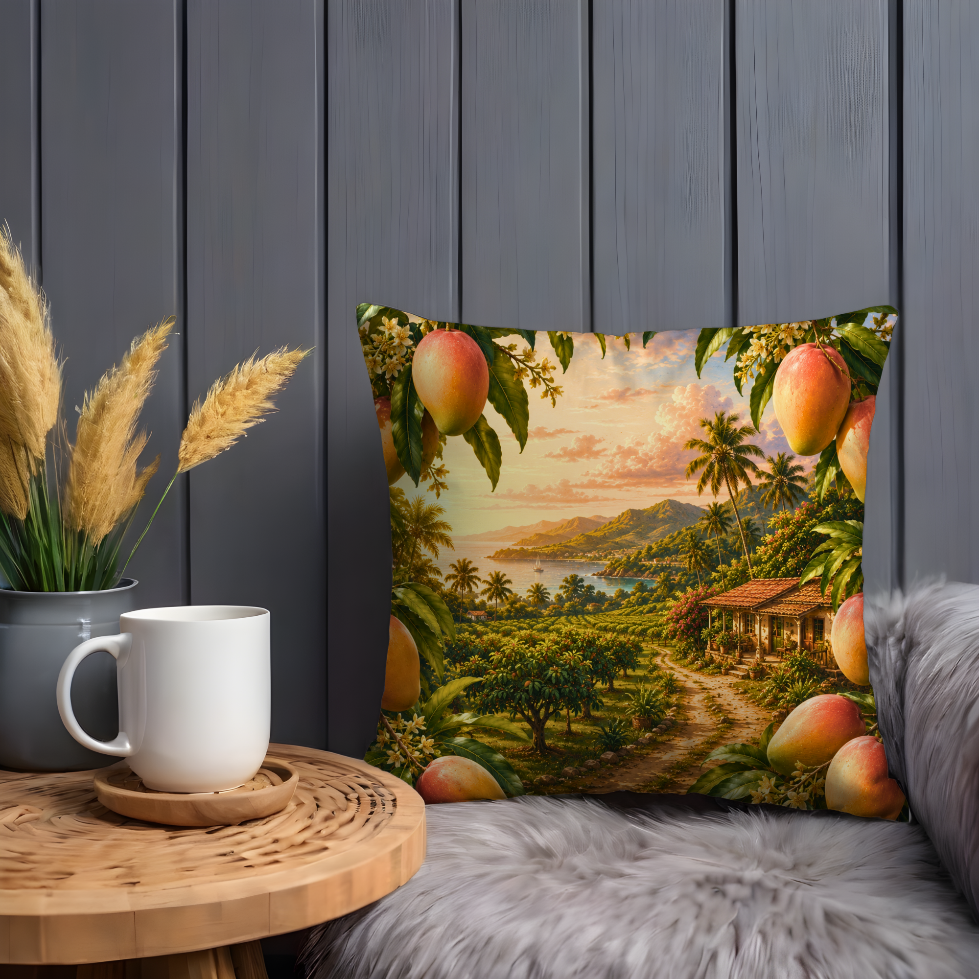 Tropical Mango Sunset Pillow Cover | Exotic Landscape Art | Gold Crackle Decor