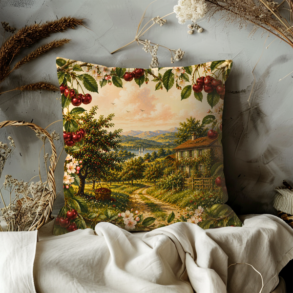 Cherry Orchard Sunset Pillow Cover – Countryside Landscape Art | Gold Crackle Decor