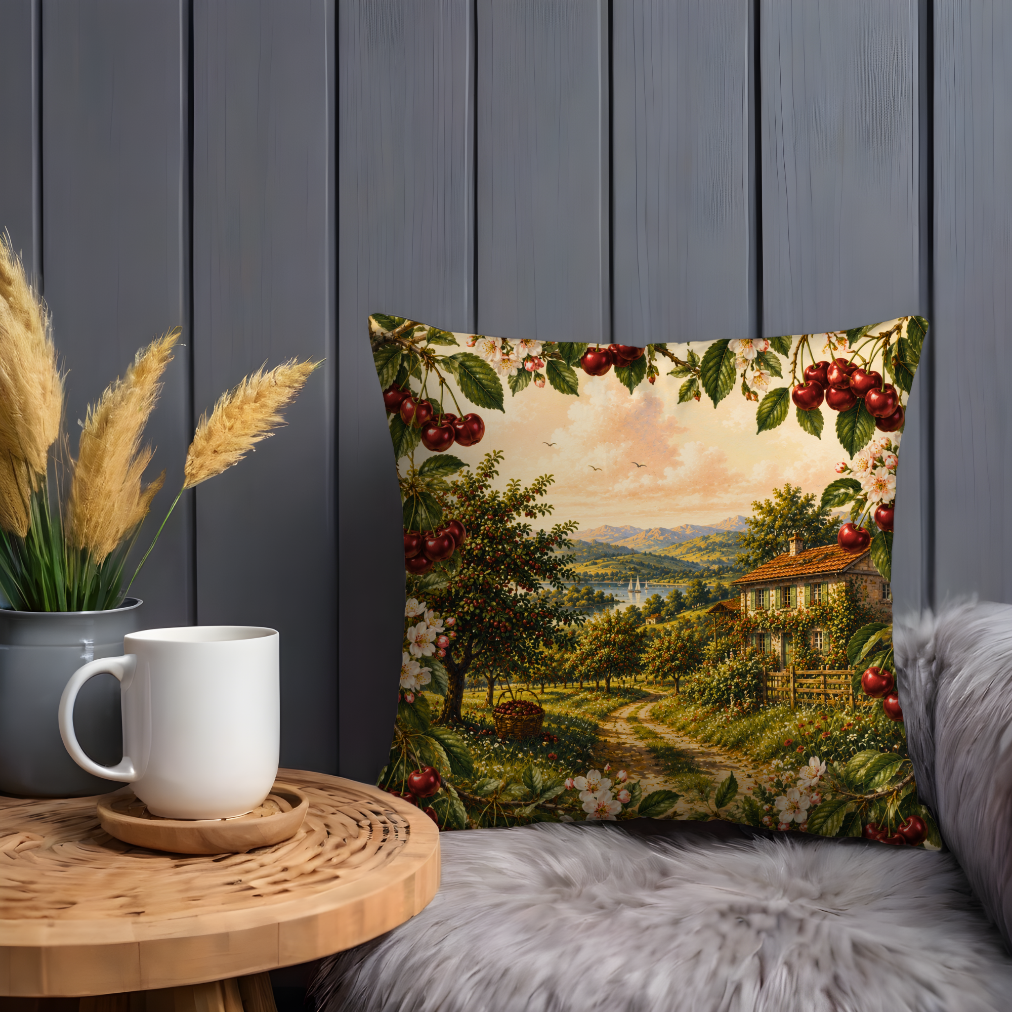 Cherry Orchard Sunset Pillow Cover | Countryside Landscape Art | Gold Crackle Decor