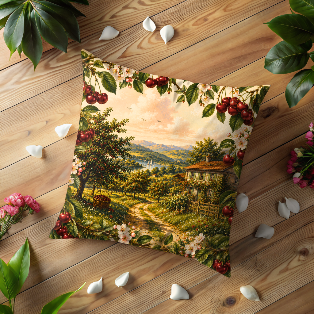 Cherry Orchard Sunset Pillow Cover | Countryside Landscape Art | Gold Crackle Decor