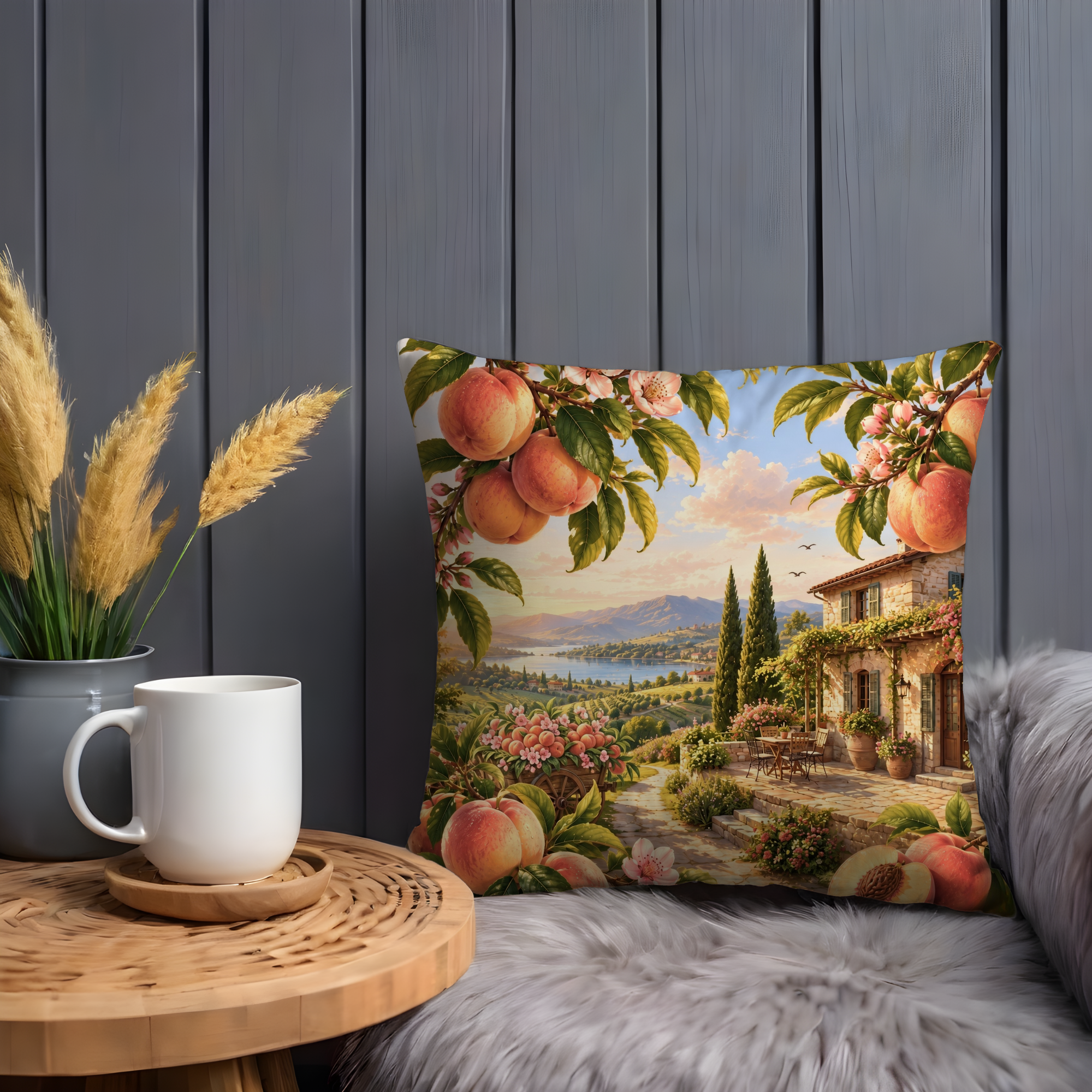 Peach Blossom Terrace Pillow Cover | Mediterranean Landscape Art | Gold Crackle Decor