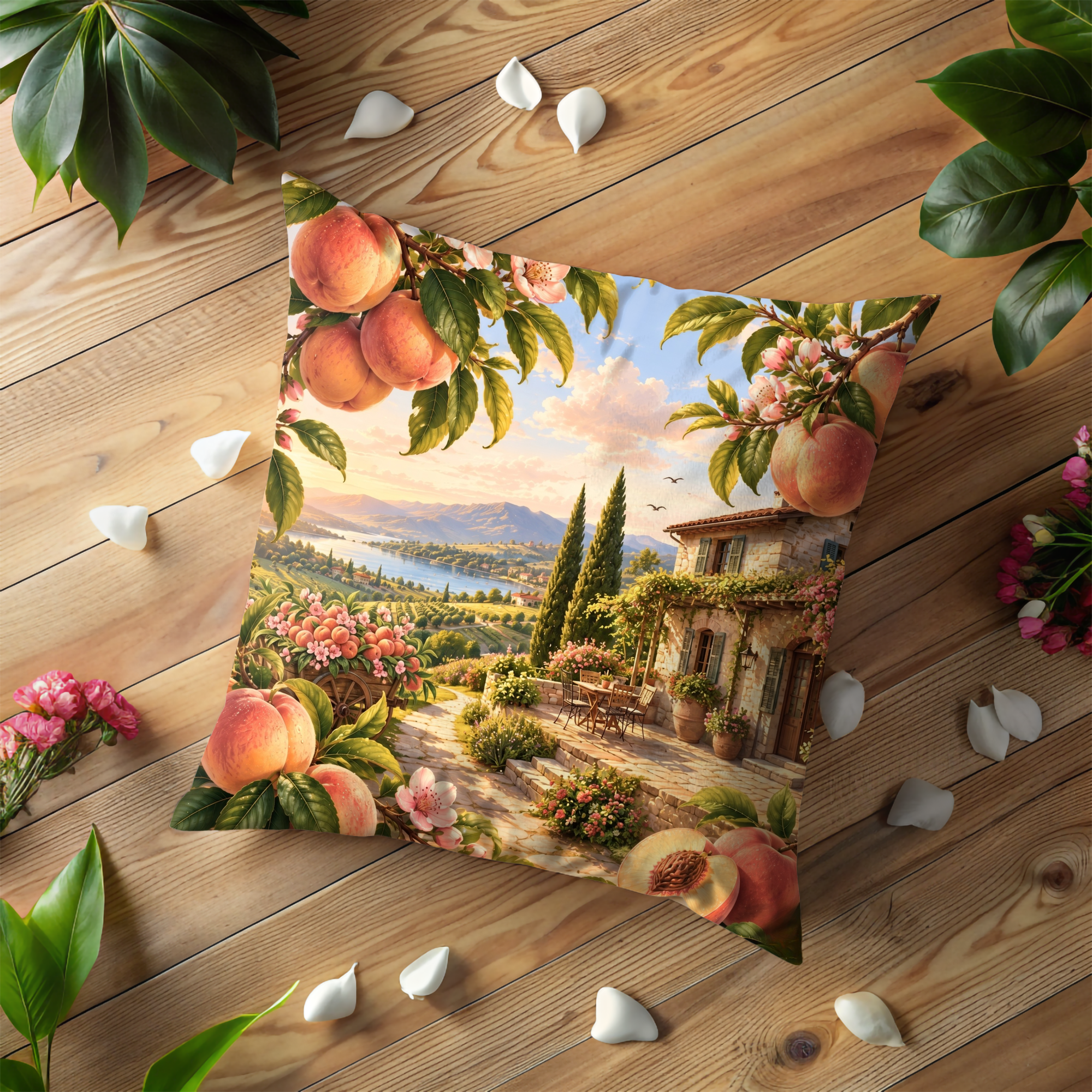 Peach Blossom Terrace Pillow Cover | Mediterranean Landscape Art | Gold Crackle Decor