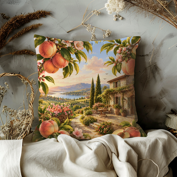 Peach Blossom Terrace Pillow Cover – Mediterranean Landscape Art | Gold Crackle Decor