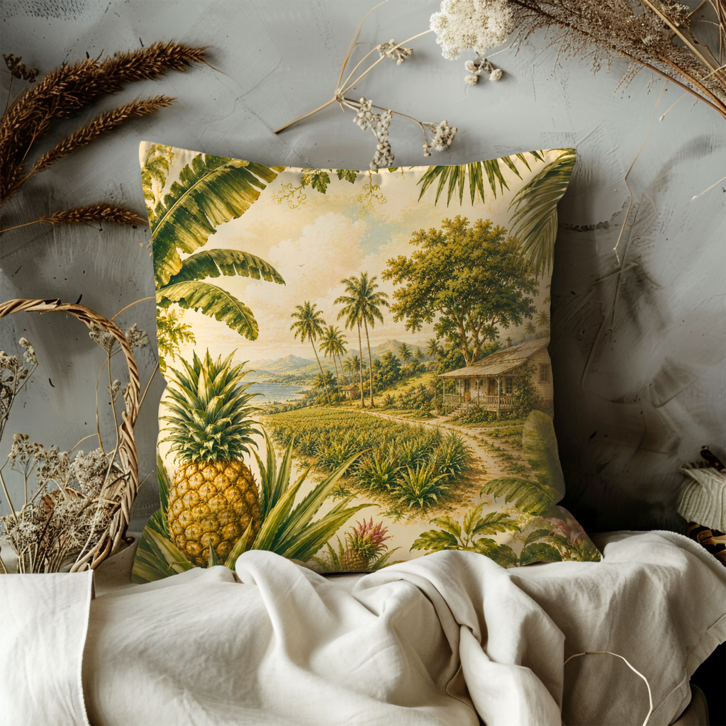 Tropical Pineapple Landscape Pillow Cover | Exotic Nature Art | Gold Crackle Decor