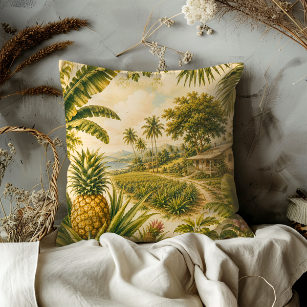 Tropical Pineapple Landscape Pillow Cover – Exotic Nature Art | Gold Crackle Decor