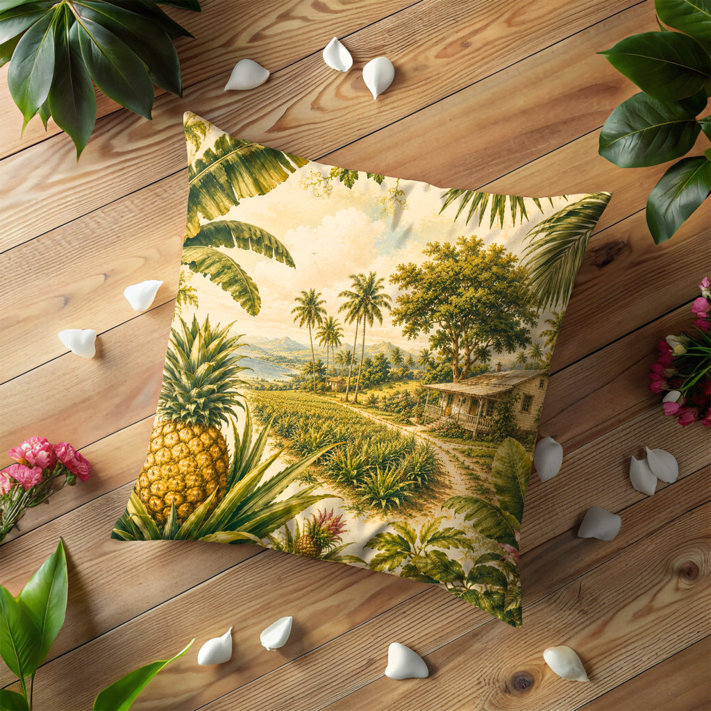 Tropical Pineapple Landscape Pillow Cover | Exotic Nature Art | Gold Crackle Decor
