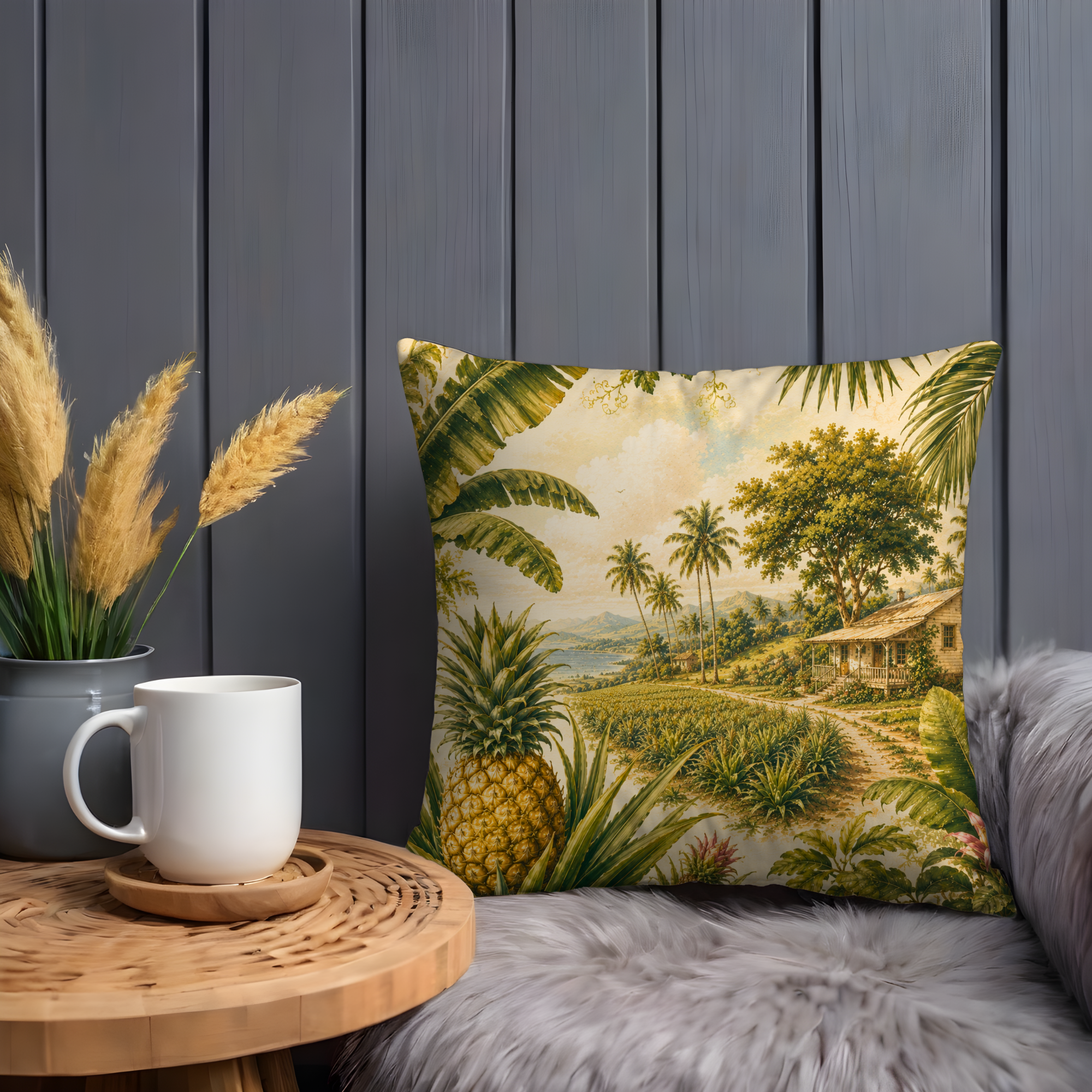 Tropical Pineapple Landscape Pillow Cover | Exotic Nature Art | Gold Crackle Decor