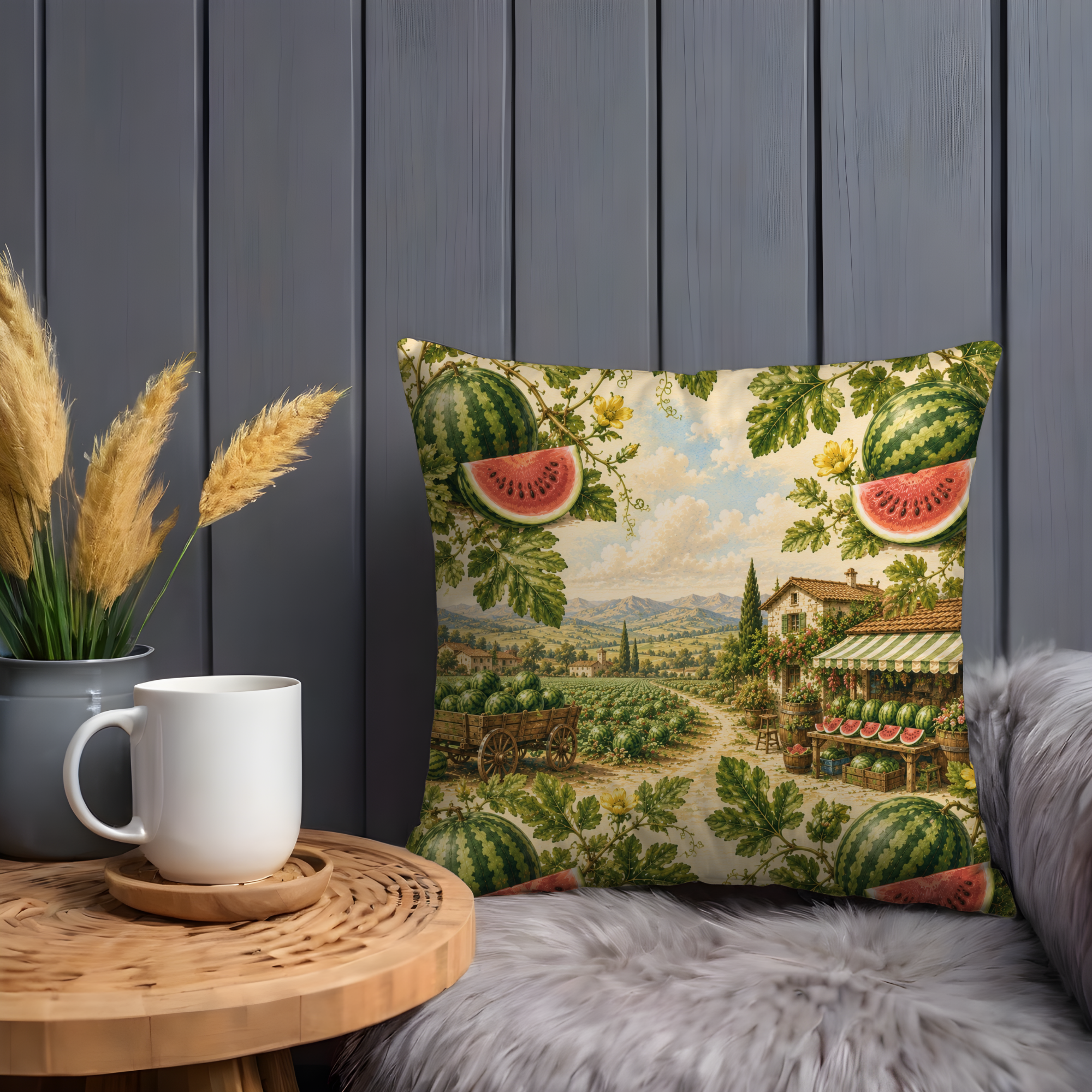 Watermelon Harvest Pillow Cover | Rustic Farm Art | Gold Crackle Decor