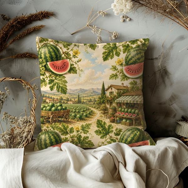 Watermelon Harvest Pillow Cover – Rustic Farm Art | Gold Crackle Decor