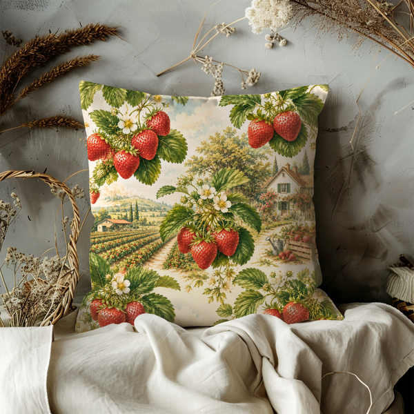 Strawberry Field Pillow Cover – Rustic Farm Art | Gold Crackle Decor