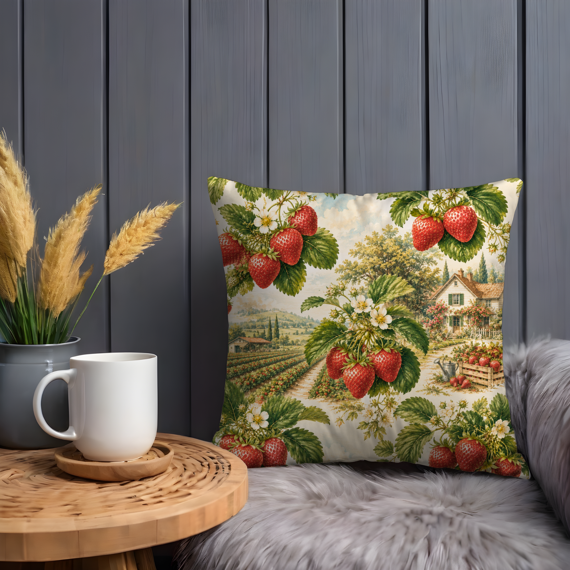 Strawberry Field Pillow Cover | Rustic Farm Art | Gold Crackle Decor