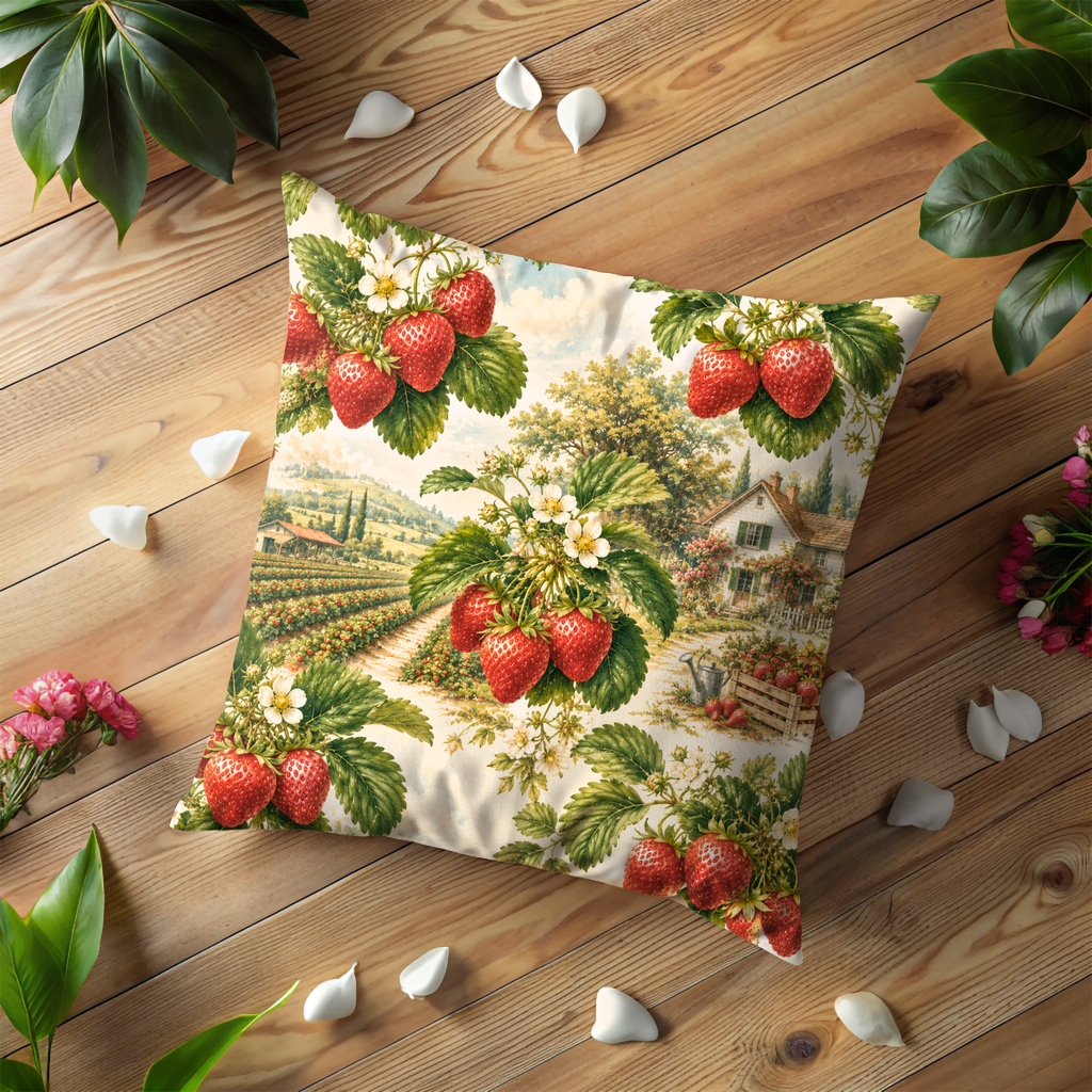 Strawberry Field Pillow Cover | Rustic Farm Art | Gold Crackle Decor