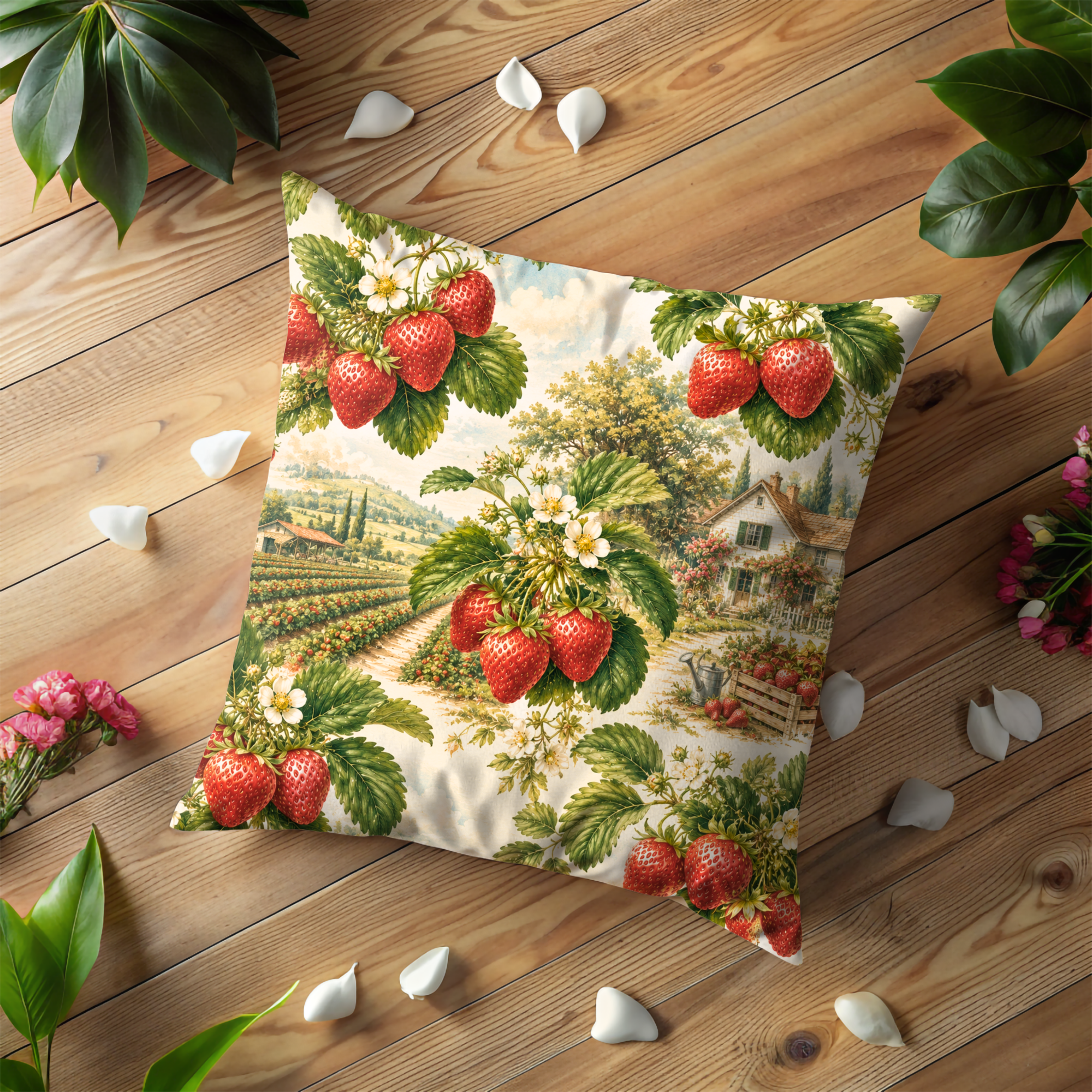 Strawberry Field Pillow Cover | Rustic Farm Art | Gold Crackle Decor
