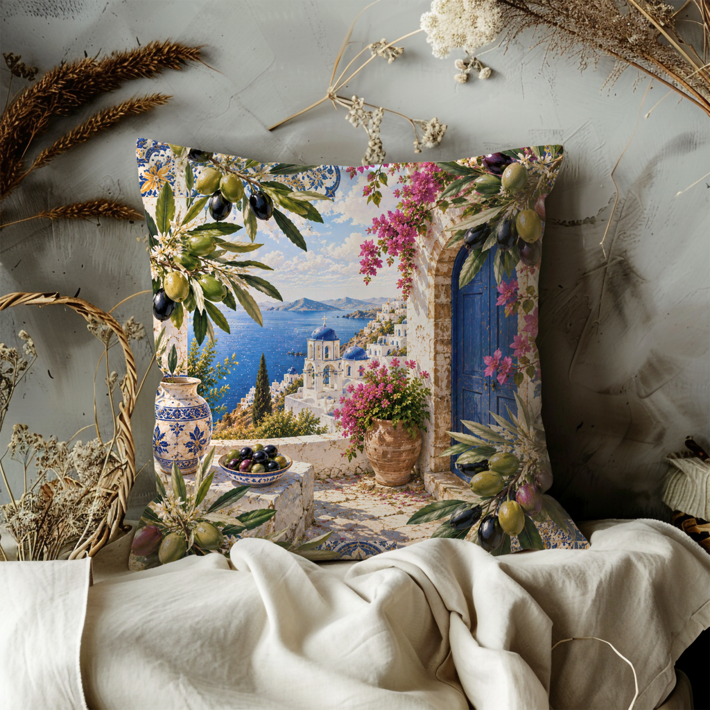 Greek Olive Terrace Pillow Cover | Mediterranean Landscape Art | Gold Crackle Decor
