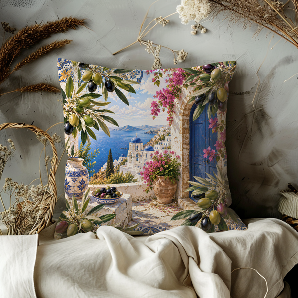 Greek Olive Terrace Pillow Cover – Mediterranean Landscape Art | Gold Crackle Decor