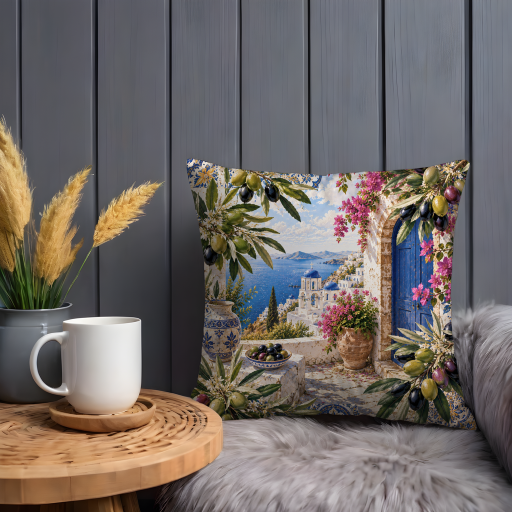 Greek Olive Terrace Pillow Cover | Mediterranean Landscape Art | Gold Crackle Decor