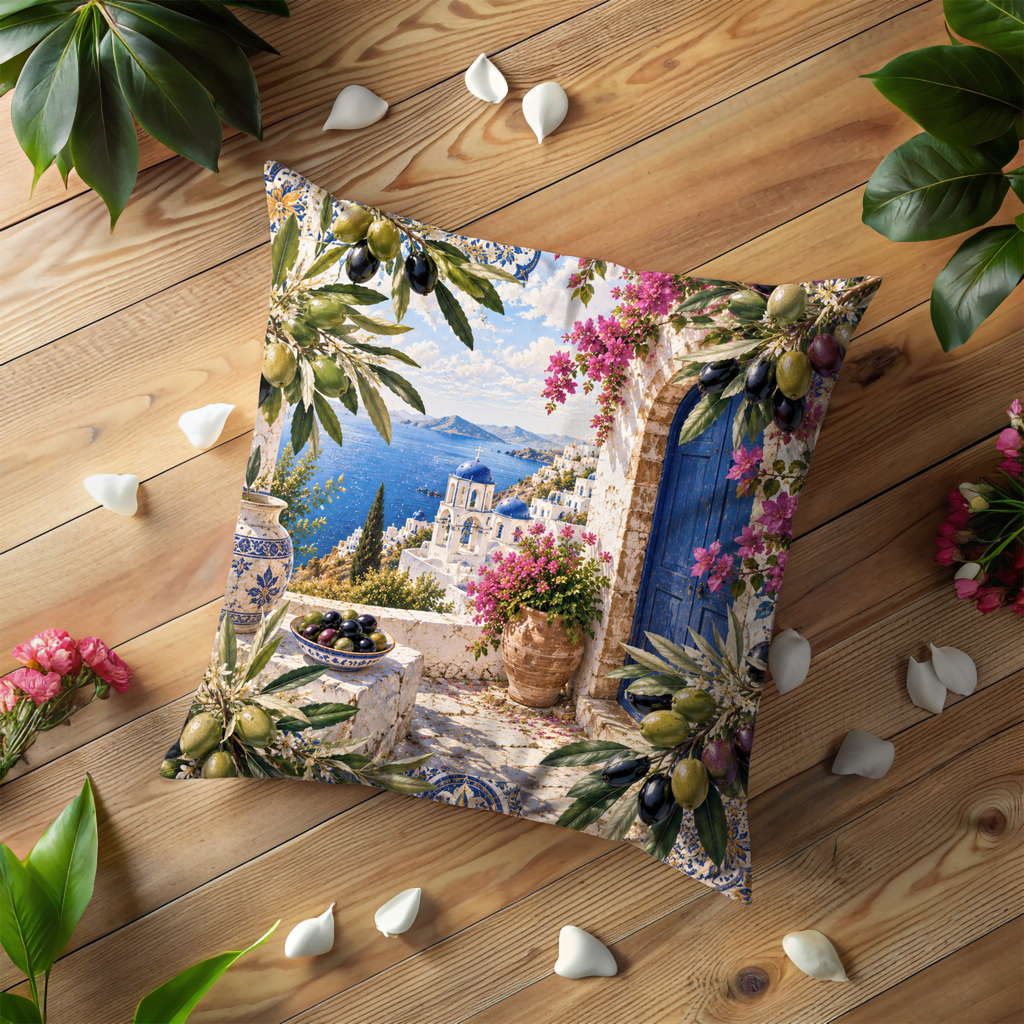 Greek Olive Terrace Pillow Cover | Mediterranean Landscape Art | Gold Crackle Decor
